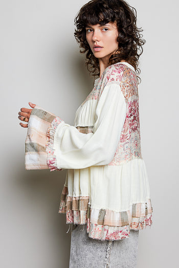 POL Baby Doll Top with Mixed Print Ruffle Details in Vanilla Cream