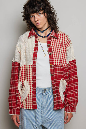 POL Plaid Patchwork and Lace Heart Pockets Top in Red Multi