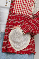 POL Plaid Patchwork and Lace Heart Pockets Top in Red Multi