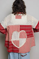 POL Plaid Patchwork and Lace Heart Pockets Top in Red Multi