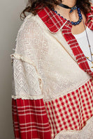 POL Plaid Patchwork and Lace Heart Pockets Top in Red Multi