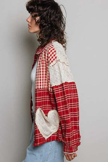 POL Plaid Patchwork and Lace Heart Pockets Top in Red Multi