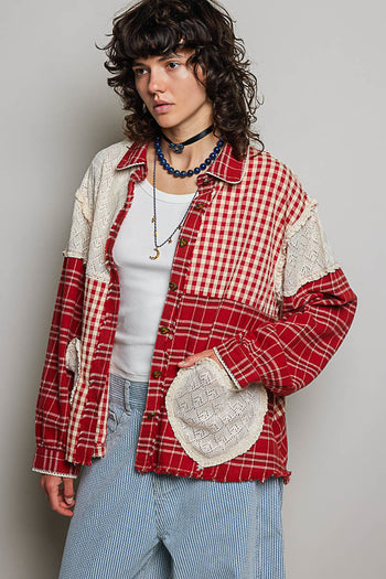 POL Plaid Patchwork and Lace Heart Pockets Top in Red Multi