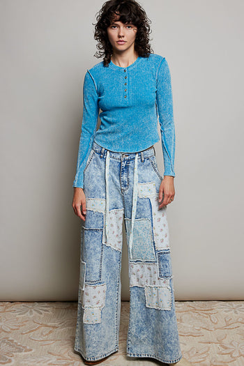 POL Wide Leg Patched Pants in Denim Multi