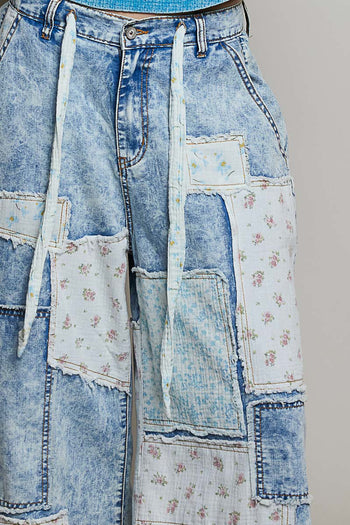 POL Wide Leg Patched Pants in Denim Multi