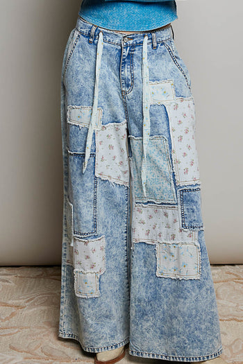 POL Wide Leg Patched Pants in Denim Multi