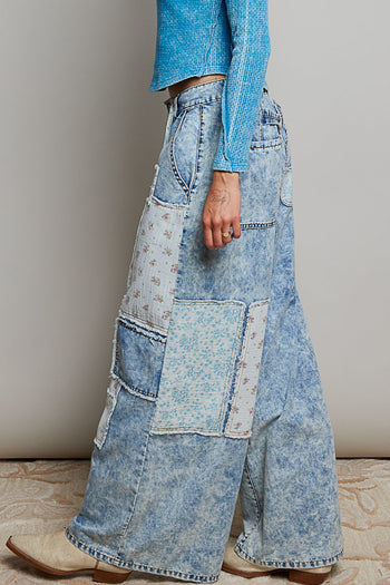POL Wide Leg Patched Pants in Denim Multi