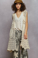 POL Solid Color Crochet and Stitched Cardigan in Natural