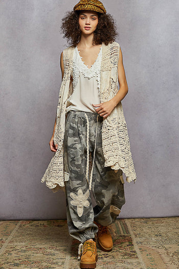 POL Solid Color Crochet and Stitched Cardigan in Natural