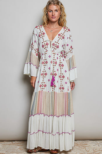 POL Merrow Edge Tiered Cotton Maxi Dress in Ivory Multi