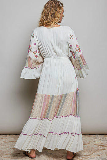 POL Merrow Edge Tiered Cotton Maxi Dress in Ivory Multi