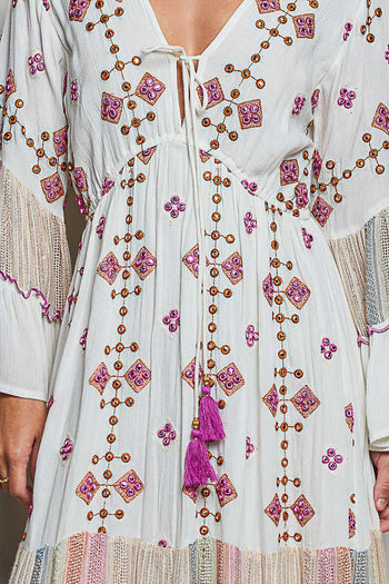 POL Merrow Edge Tiered Cotton Maxi Dress in Ivory Multi