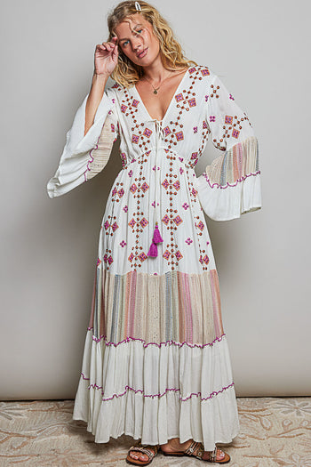 POL Merrow Edge Tiered Cotton Maxi Dress in Ivory Multi