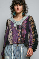 POL Contrasting Mixed Fabric Peasant Top in Black