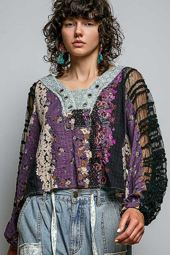 POL Contrasting Mixed Fabric Peasant Top in Black