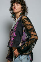 POL Contrasting Mixed Fabric Peasant Top in Black
