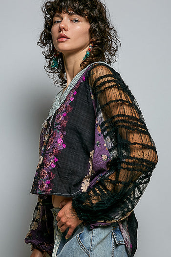 POL Contrasting Mixed Fabric Peasant Top in Black