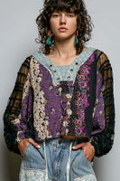 POL Contrasting Mixed Fabric Peasant Top in Black
