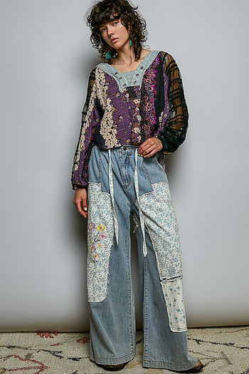 POL Contrasting Mixed Fabric Peasant Top in Black