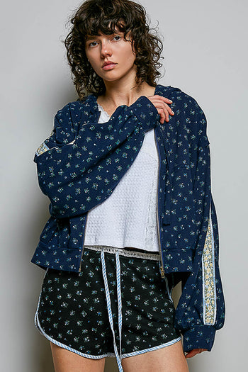 POL Floral Thermal Knit Jacket in Navy Floral