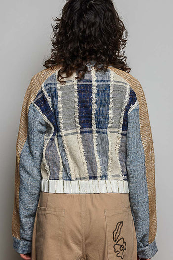POL Textured Multi-Color Stripe Zip-Up Jacket in Denim Multi