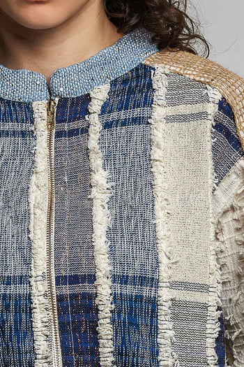POL Textured Multi-Color Stripe Zip-Up Jacket in Denim Multi