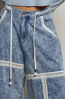 POL Midi Length Pants with Lace Ruffle Details in Denim