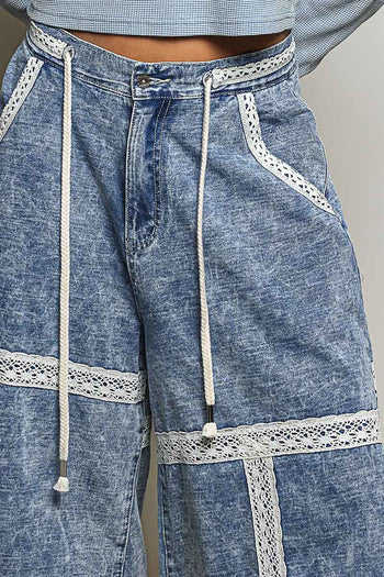 POL Midi Length Pants with Lace Ruffle Details in Denim