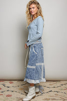 POL Midi Length Pants with Lace Ruffle Details in Denim