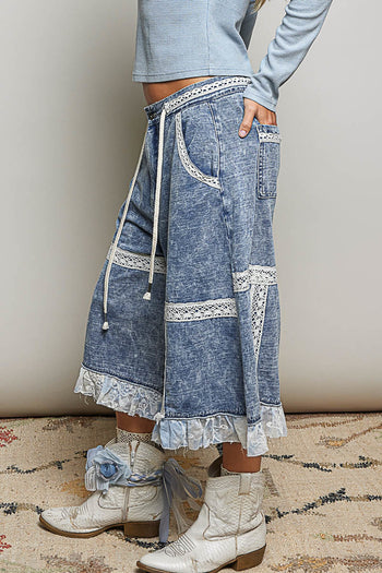 POL Midi Length Pants with Lace Ruffle Details in Denim