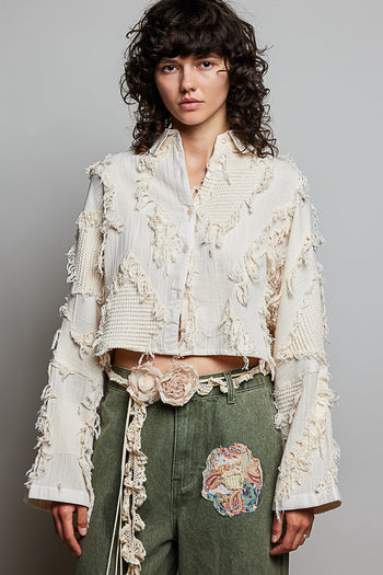 POL Solid Color Textured and Fringe Top in Natural