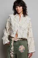 POL Solid Color Textured and Fringe Top in Natural