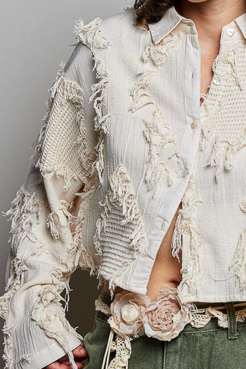 POL Solid Color Textured and Fringe Top in Natural