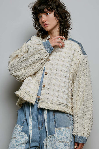 POL Textured Woven Fringe Jacket in Natural Multi