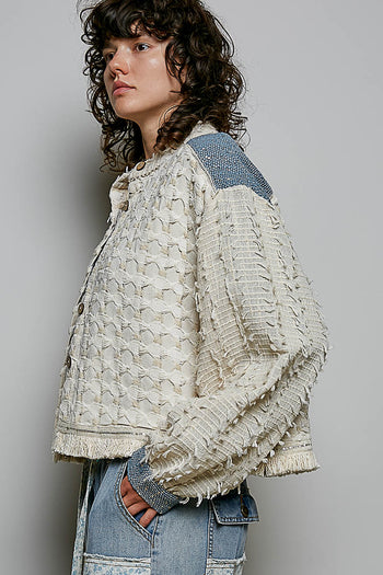 POL Textured Woven Fringe Jacket in Natural Multi