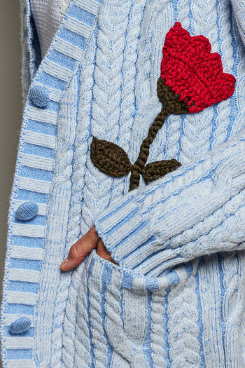 POL Knit Cardigan with Flower Details in Sky Blue