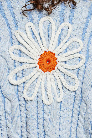 POL Knit Cardigan with Flower Details in Sky Blue