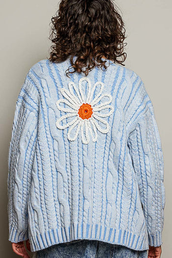 POL Knit Cardigan with Flower Details in Sky Blue