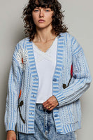 POL Knit Cardigan with Flower Details in Sky Blue