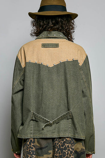 POL Western-Inspired Woven Twill Work Jacket in Olive/Camel