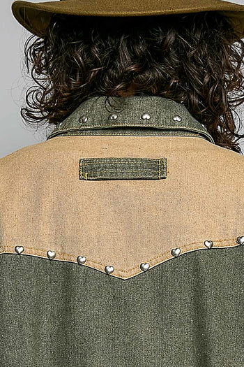 POL Western-Inspired Woven Twill Work Jacket in Olive/Camel