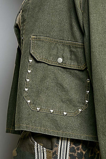 POL Western-Inspired Woven Twill Work Jacket in Olive/Camel