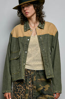POL Western-Inspired Woven Twill Work Jacket in Olive/Camel