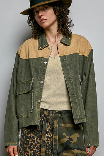 POL Western-Inspired Woven Twill Work Jacket in Olive/Camel