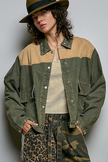 POL Western-Inspired Woven Twill Work Jacket in Olive/Camel