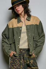 Load image into Gallery viewer, POL Western-Inspired Woven Twill Work Jacket in Olive/Camel
