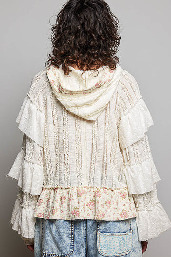 POL Mixed Fabric Hooded Top in Natural