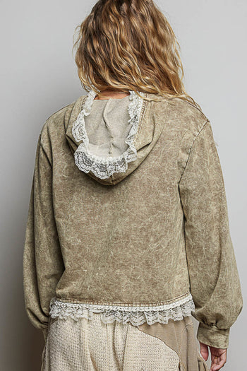 POL Floral Appliqué Hooded Knit Jacket in Dusty Choco