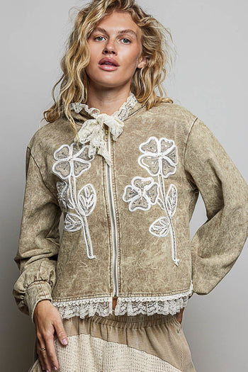 POL Floral Appliqué Hooded Knit Jacket in Dusty Choco