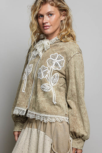 POL Floral Appliqué Hooded Knit Jacket in Dusty Choco
